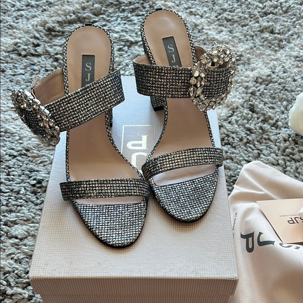 SJP Sarah Jessica Parker Celia scintillate heels mules 37.5